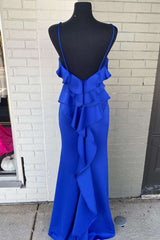 Royal Blue Ruffles V-Neck Open Back Long Prom Dress