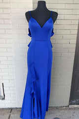 Royal Blue Ruffles V-Neck Open Back Long Prom Dress