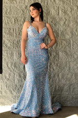 Light Blue Mermaid V Neck Sequins Long Prom Gown