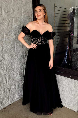 Black Applique Strapless A-line Long Prom Gown with Puff Sleeves