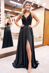 Black Plunge Neck Lace-Up A-Line Prom Dress with Slit