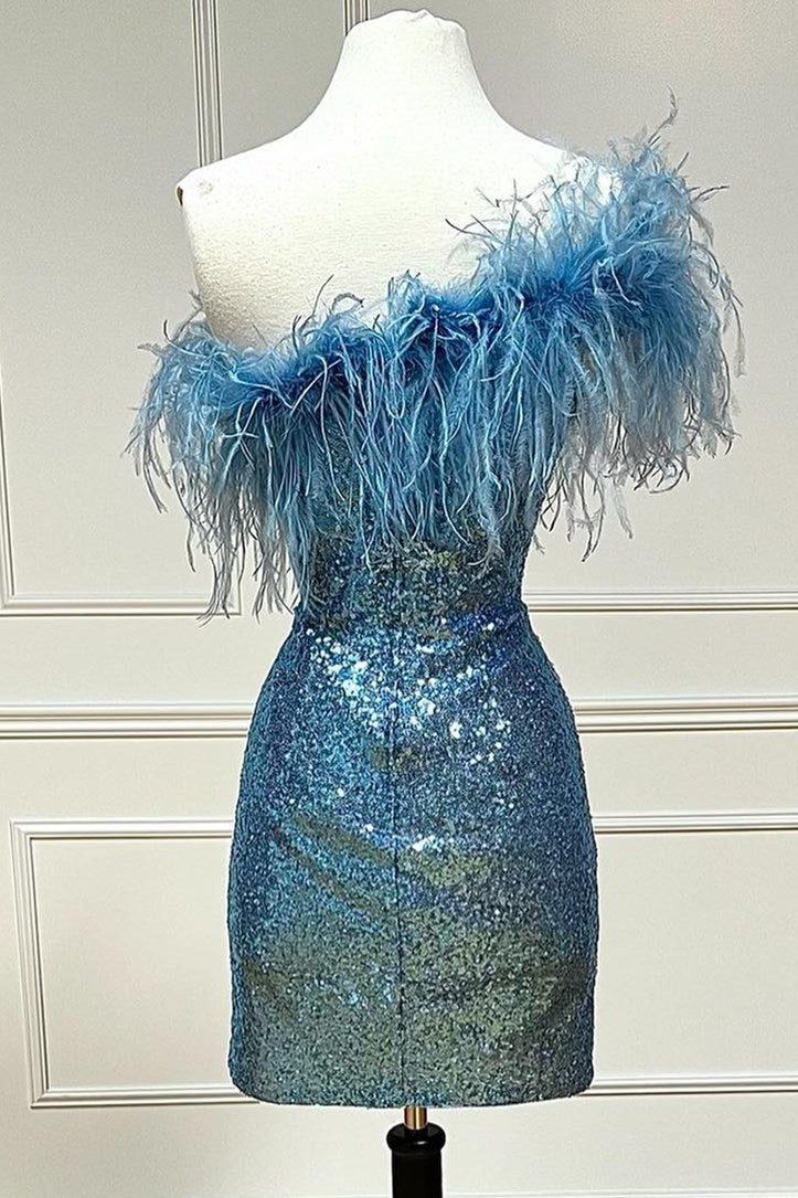 Pink Sequin Feather One-Shoulder Mini Dress