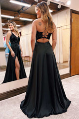 Black Plunge Neck Lace-Up A-Line Prom Dress with Slit