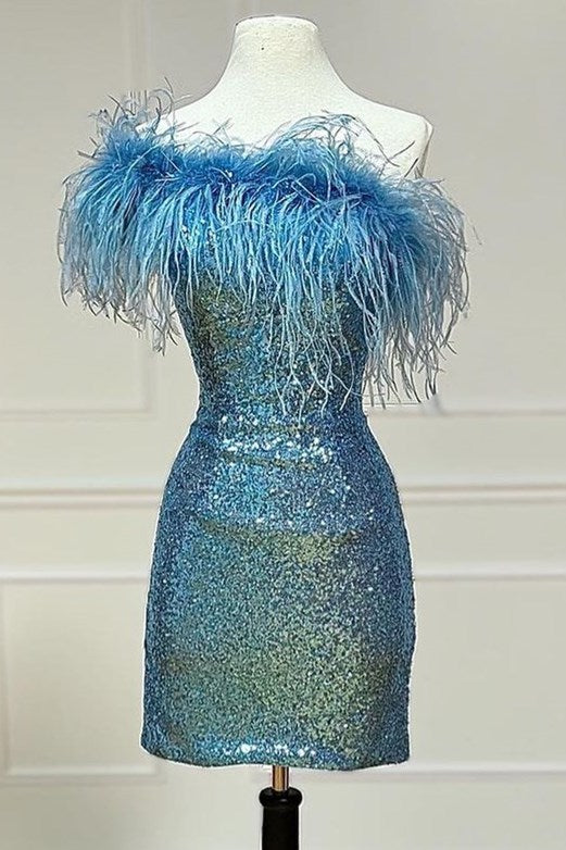 Pink Sequin Feather One-Shoulder Mini Dress