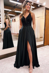 Black Plunge Neck Lace-Up A-Line Prom Dress with Slit