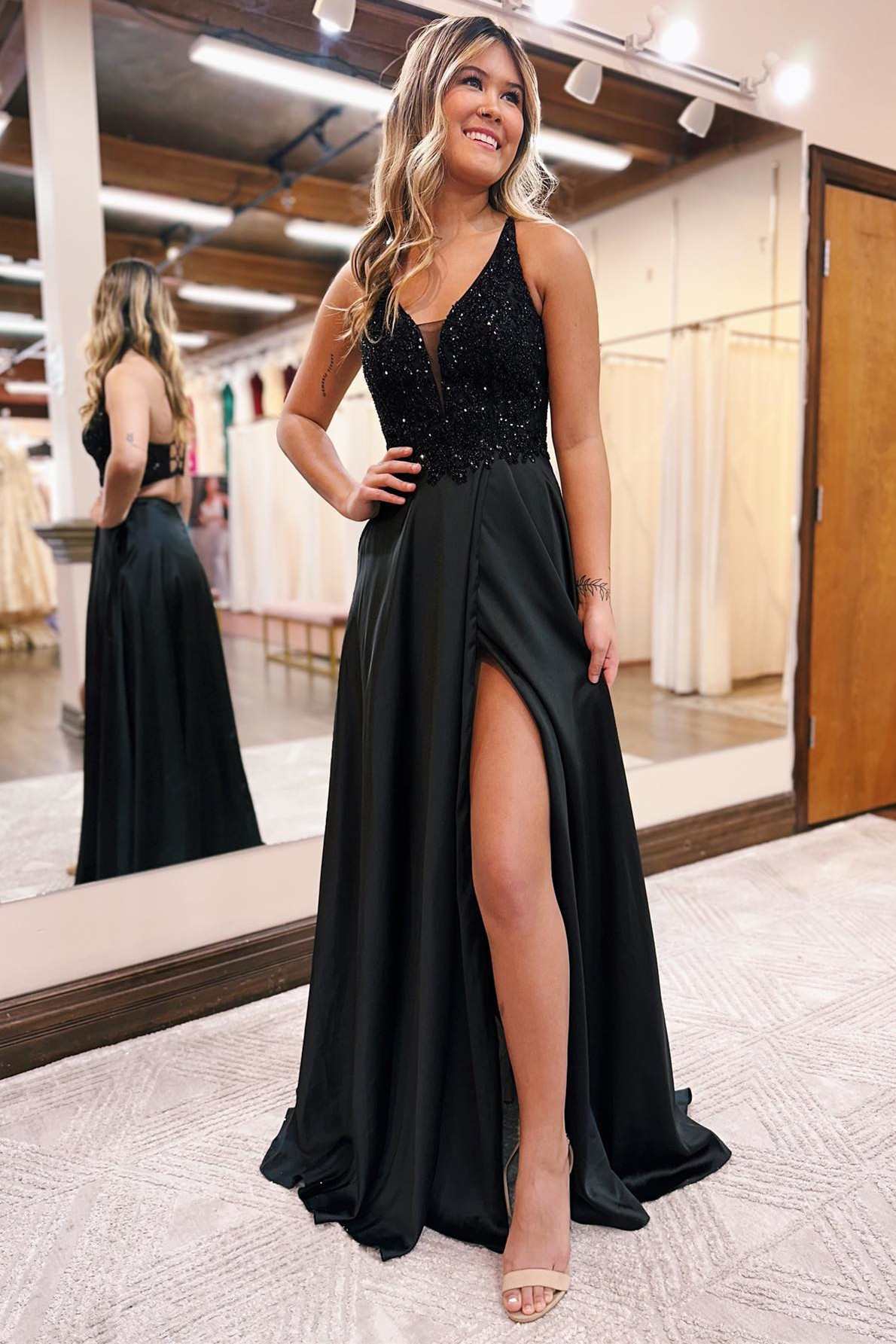 Black Plunge Neck Lace-Up A-Line Prom Dress with Slit