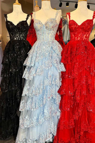 Black/Blue/Red Off-the-Shoulder Black/Blue/Pink Lace Tiered Long Prom Dress with Slit