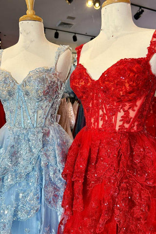 Blue/Red Off-the-Shoulder Pink Lace Tiered Long Prom Dress with Slit