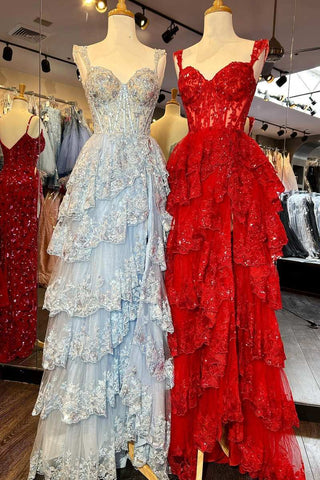 Blue/Red Off-the-Shoulder Pink Lace Tiered Long Prom Dress with Slit