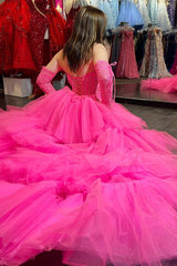 Hot Pink Strapless Lace-Up Back Tulle Layers Lace Hi-Low Prom Gown