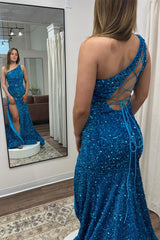 Red Trumpet Lace-Up Back One Shoulder Sequins Long Prom Gown with Slit