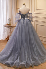 Dusky Purple Tulle Lace Cold-Shoulder Ball Gown with Flouncy Sleeves