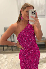 One-Shoulder Pink Iridescent Sequin Trumpet Long Prom Gown