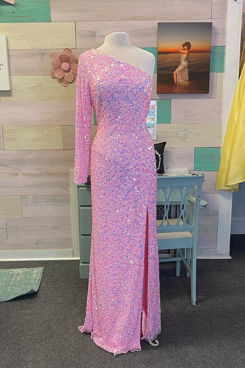 Pink Mermaid One Shoulder Long Sleeve Sequins Long Prom Dress with Slit