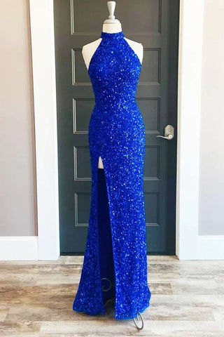 Iridescent Blue Sequin Halter Long Prom Dress with Slit
