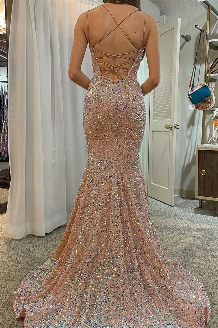 Dusty Pink Mermaid Sequins Double Straps Lace-Up Back Long Prom Dress