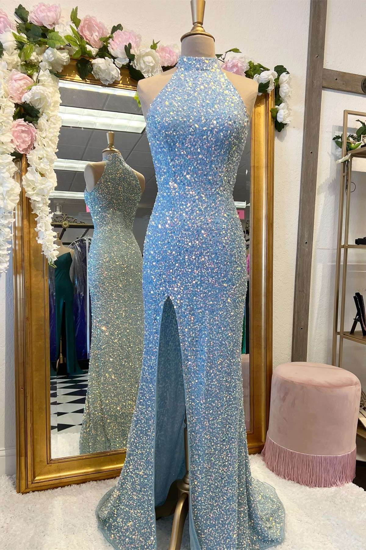 Iridescent Blue Sequin Halter Long Prom Dress with Slit