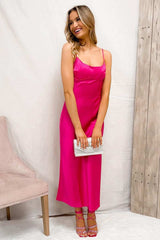 Fuchsia Scoop Neck Sheath Satin Bakcless Ankle Length Prom Dress