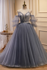 Dusky Purple Tulle Lace Cold-Shoulder Ball Gown with Flouncy Sleeves