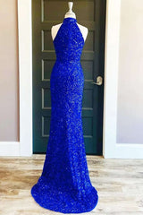 Iridescent Blue Sequin Halter Long Prom Dress with Slit