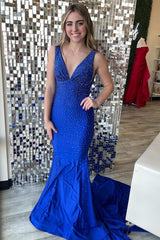 Royal Blue Beaded Plunge V Mermaid Long Prom Gown