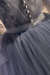 Dusky Purple Tulle Lace Cold-Shoulder Ball Gown with Flouncy Sleeves