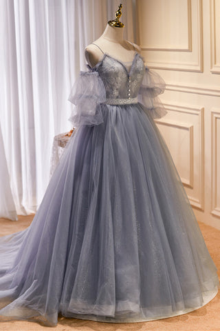 Dusky Purple Tulle Lace Cold-Shoulder Ball Gown with Flouncy Sleeves