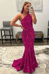 One-Shoulder Pink Iridescent Sequin Trumpet Long Prom Gown