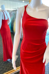 One-Shoulder Red Ruching Long Formal Dress