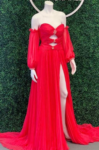 Red Strapless Cutout Slit Long Prom Dress with Sleeves