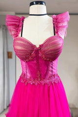 Neon Pink Ruffles Sweetheart A-Line Tiered Prom Dress