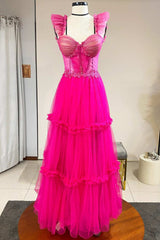 Neon Pink Ruffles Sweetheart A-Line Tiered Prom Dress