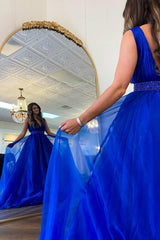 A-line Plunging V Neck Organza Long Prom Gown with Beaded Sash