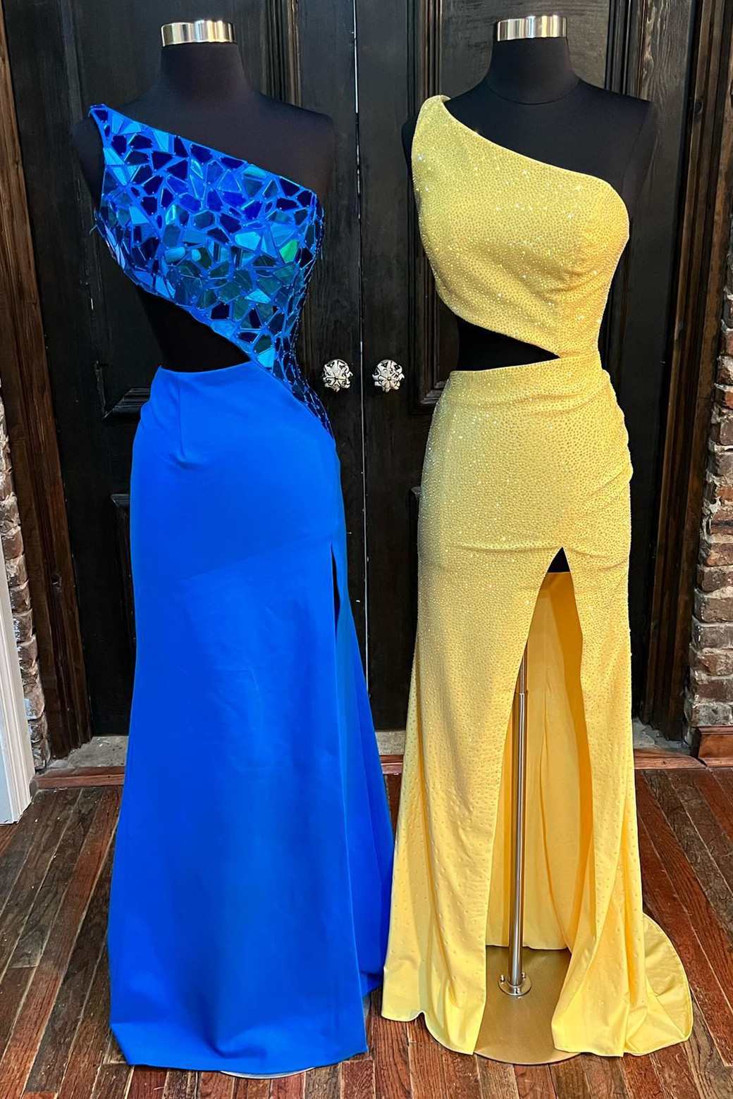 Royal Blue & Yellow Cut Glass Mirror One-Shoulder Cutout Long Prom Dress with Slit