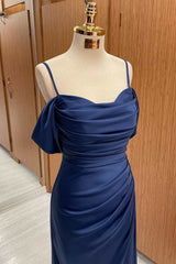 Navy Blue Cold-Shoulder Long Formal Dress with Slit