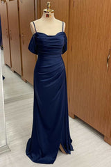 Navy Blue Cold-Shoulder Long Formal Dress with Slit