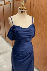 Navy Blue Cold-Shoulder Long Formal Dress with Slit