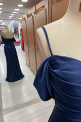 Navy Blue Cold-Shoulder Long Formal Dress with Slit