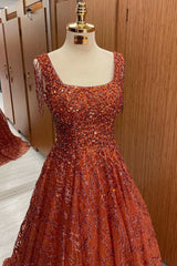 Rust Beaded Square-Neck A-Line Prom Dress with Tassels