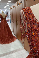 Rust Beaded Square-Neck A-Line Prom Dress with Tassels