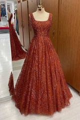 Rust Beaded Square-Neck A-Line Prom Dress with Tassels