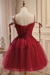 Wine Red Lace Straps Lace-Up Back A-Line Short Party Dress