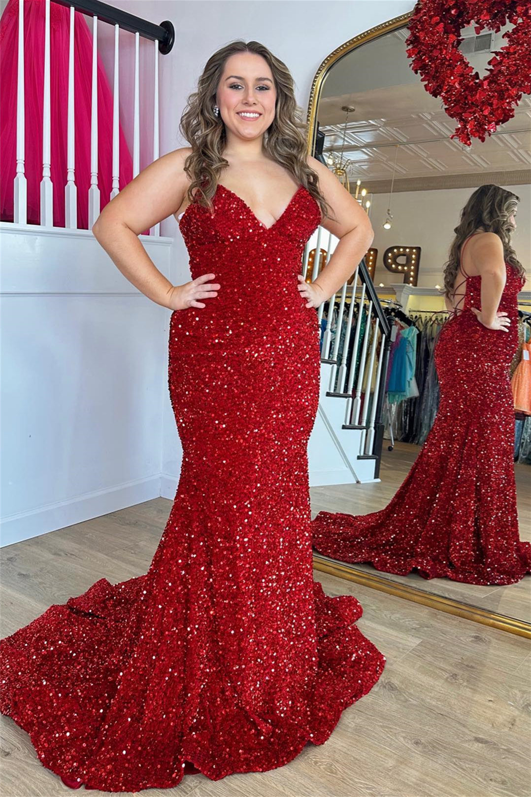 Red Sequin Mermaid Prom Dress Peacock