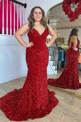 Red Mermaid V Neck Lace-Up Back Sequins Long Prom Dress