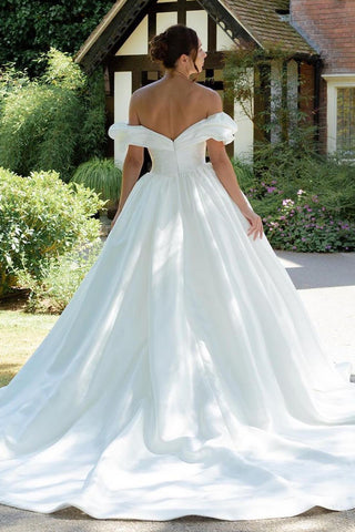 White Puff Off-the-Shoulder V Neck Sweeping Long Wedding Dress