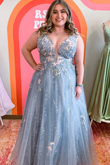 Light Blue Deep V Neck Beaded Applique Sleeveless Long Prom Dress