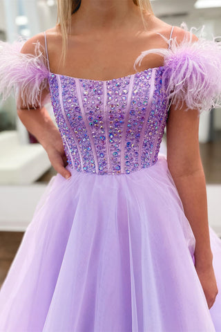 Lilac A-line Off-the-Shoulder Feathers Beaded Straps Tulle Long Prom Dress