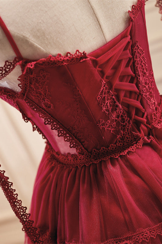 Wine Red Lace Straps Lace-Up Back A-Line Short Party Dress