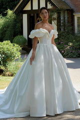 White Puff Off-the-Shoulder V Neck Sweeping Long Wedding Dress