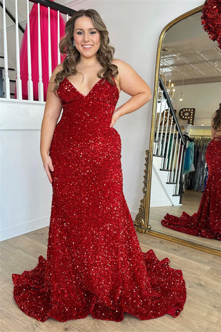 Red Mermaid V Neck Lace-Up Back Sequins Long Prom Dress